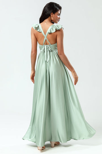 Deep V-Neck A Line Green Long Bridesmaid Dress med Ruffles